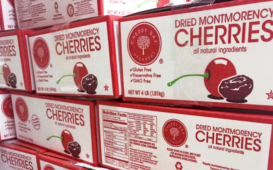 Lite PrepCenter stacked Cherry Bay Cherries packages in the efulfillment warehouse.