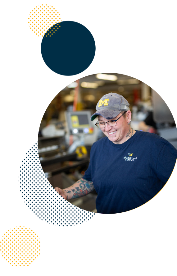 Lite PrepCenter Shipping Employee Smiling With Hat And Dots