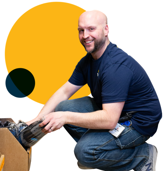 Lite PrepCenter Employee Kneeling With Bin on Left And Dots