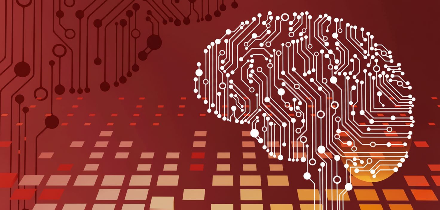 Digital illustration of a human brain formed with electronic circuit patterns on a blue background, symbolizing artificial intelligence and machine learning concepts.